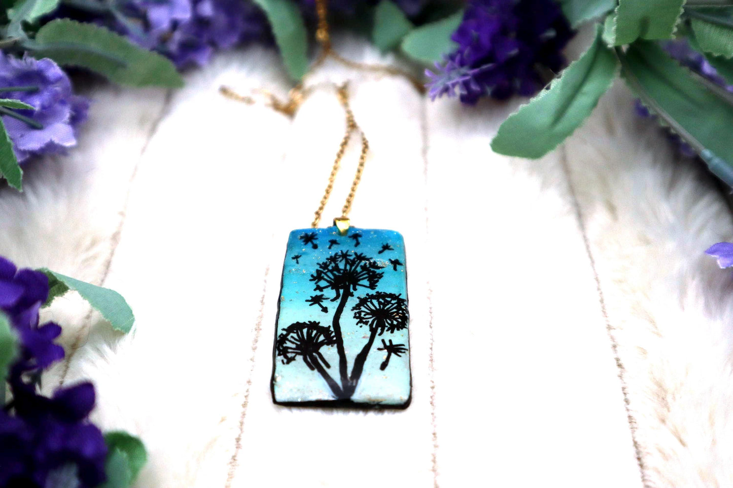 Handmade Handpainted Dandelion Pendant Necklace | Gold Plated Chain