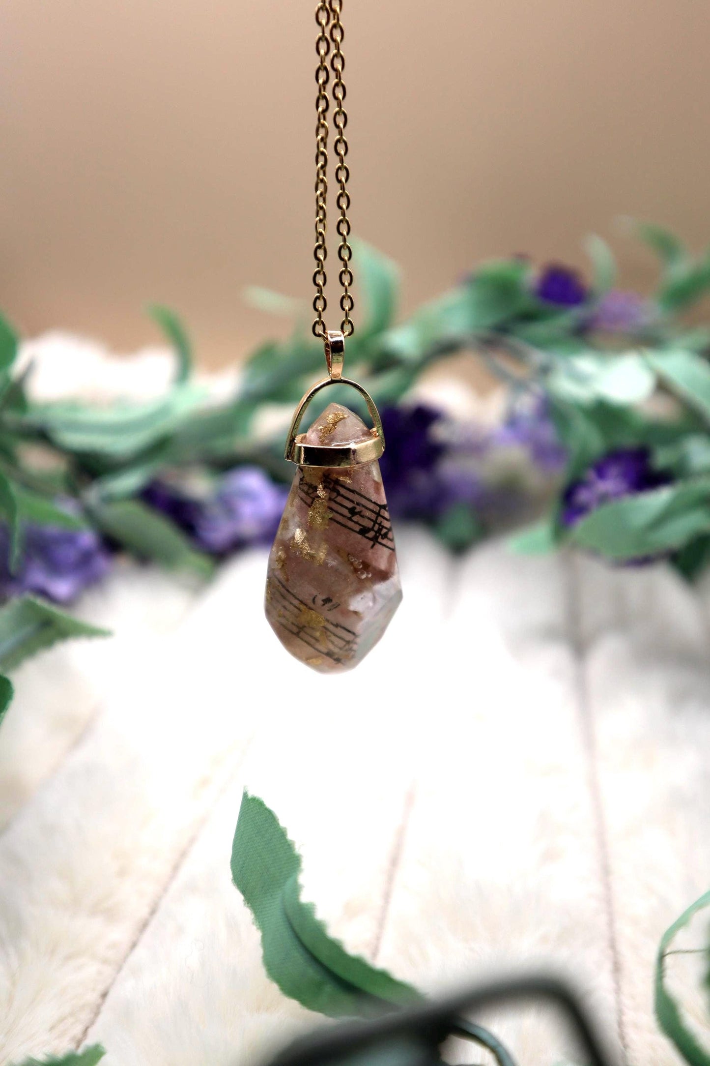 Gold and Clear Sheet Music Encased Faux Crystal Pendant Necklace | Gold Plated Chain