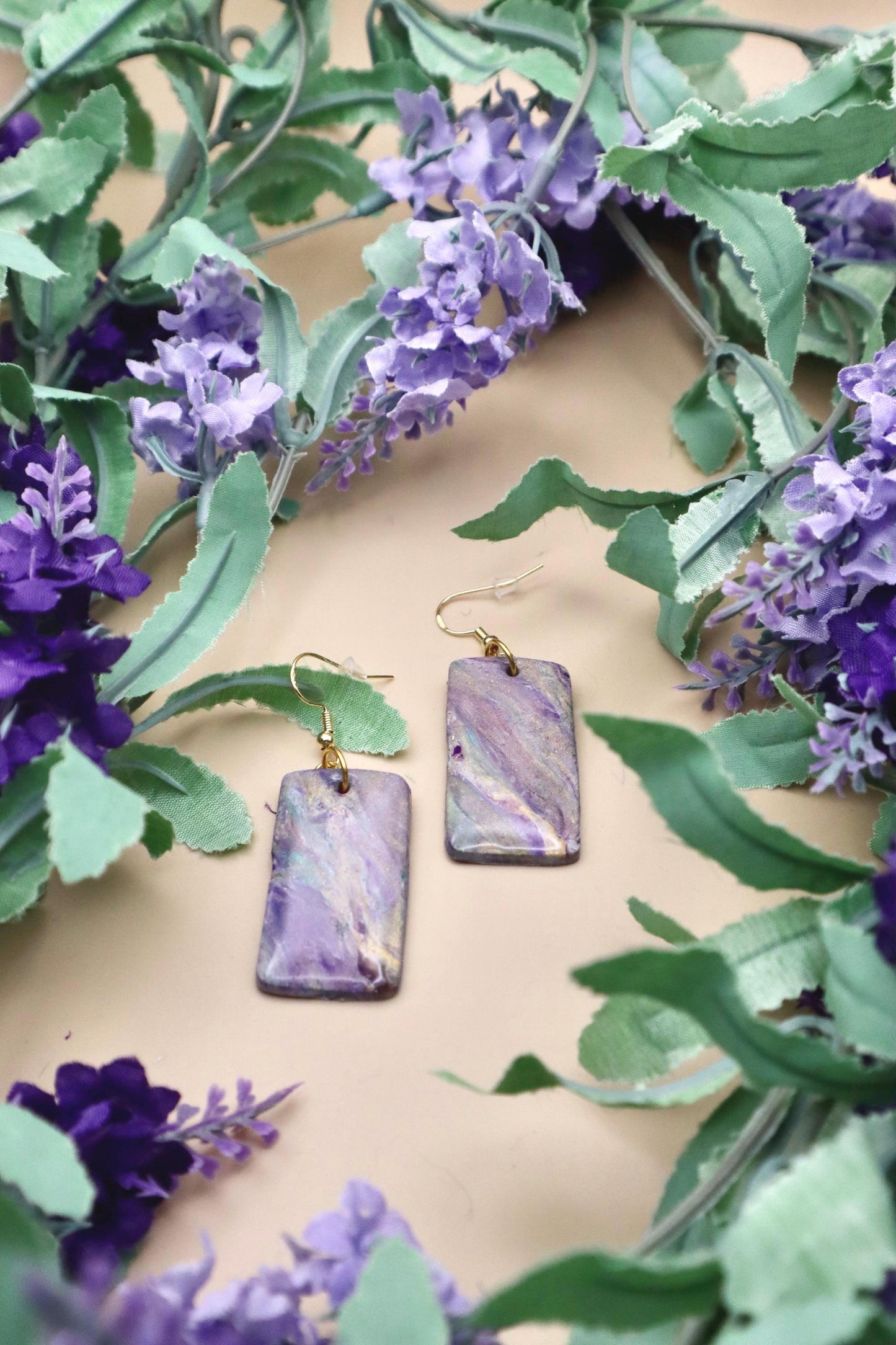 Rectangular Purple Marble Dangle Earrings with Gold Hooks