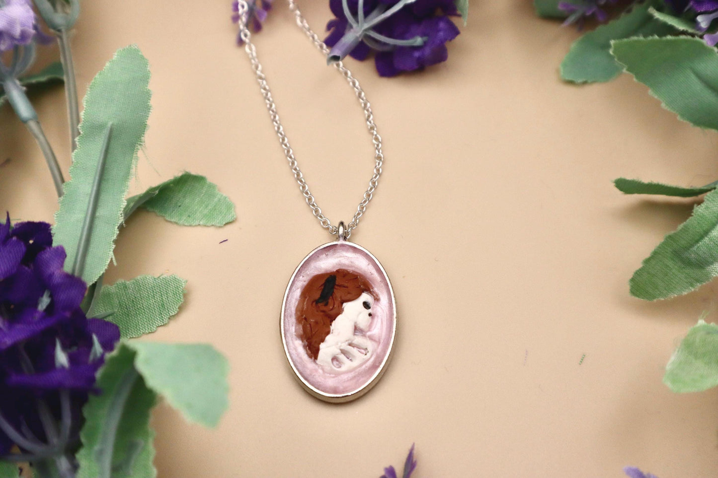 Pink Goth Antique Cameo Style Skeleton Pendant Necklace | Silver Plated Chain