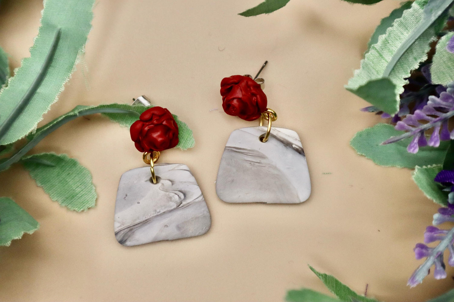 Red Rose and Marble Polygon Dangle Earrings | Polymer Clay