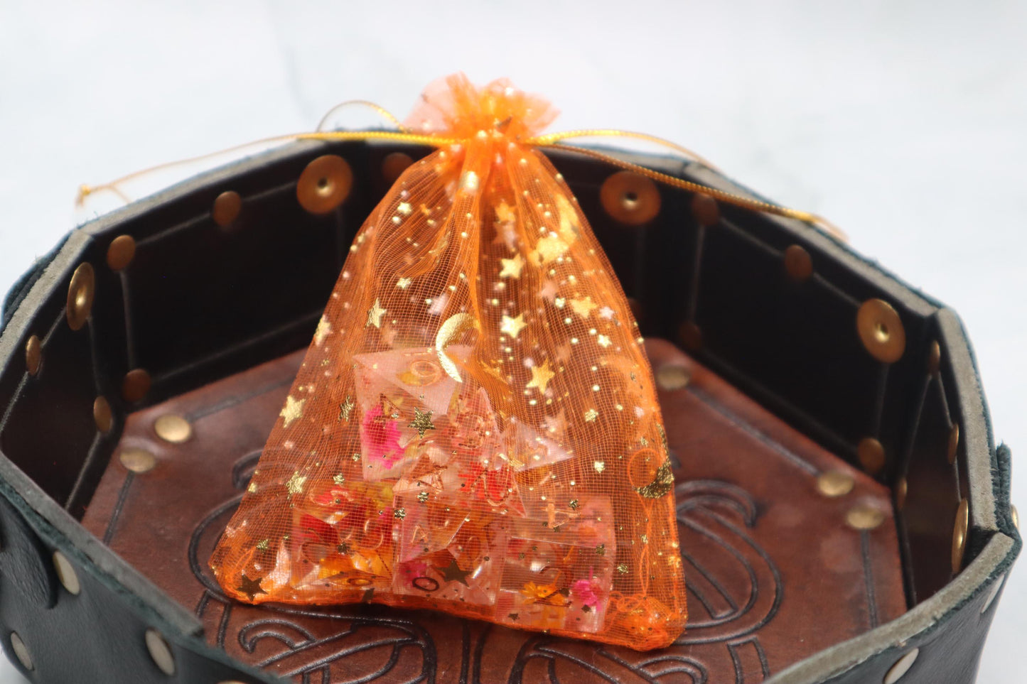 Red Orange and Yellow Floral Resin Dice Set – Handmade DnD Dice – Botanical RPG Dice – Colorful TTRPG Gift – Vibrant Polyhedral Dice