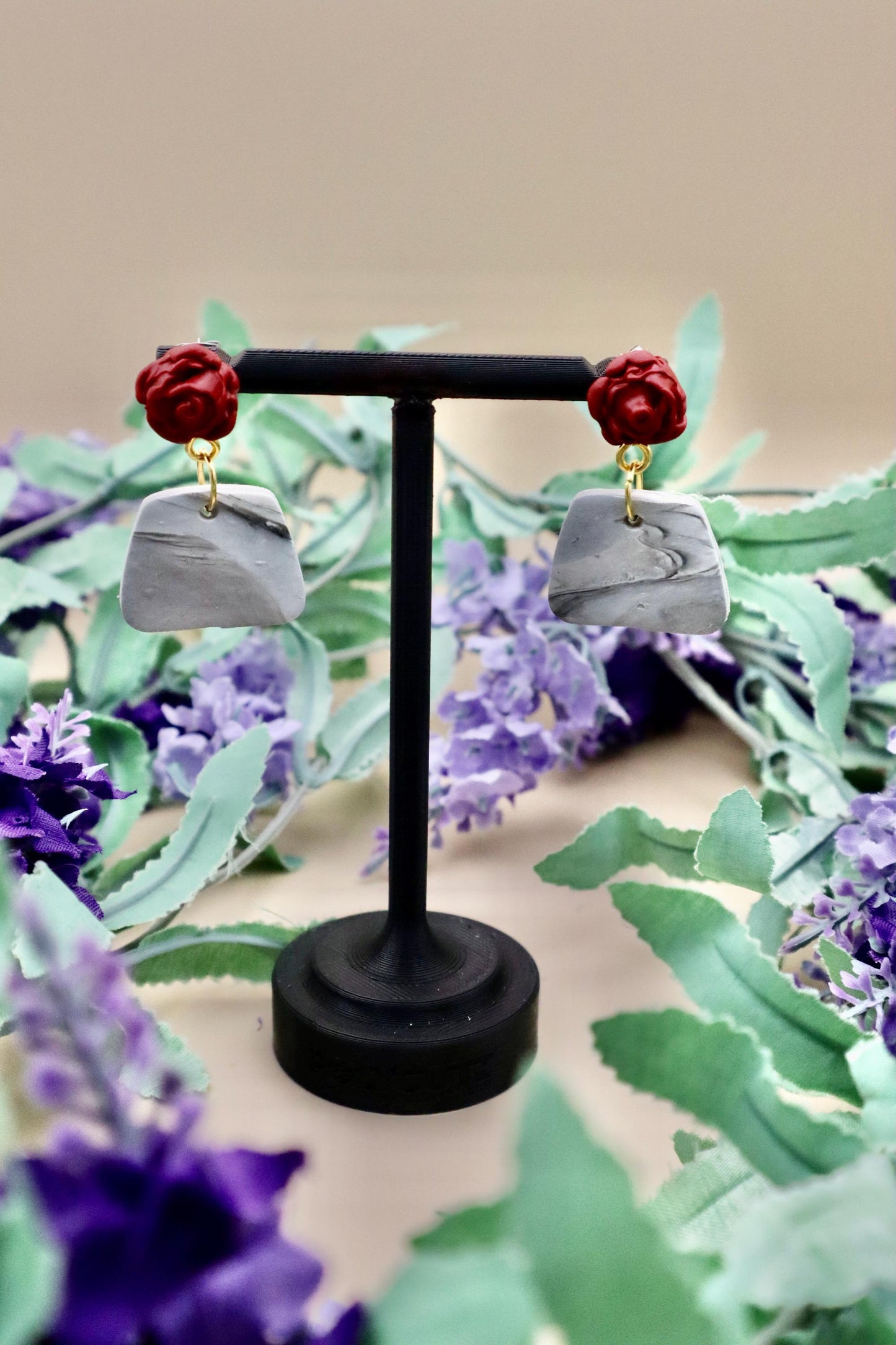 Red Rose and Marble Polygon Dangle Earrings | Polymer Clay