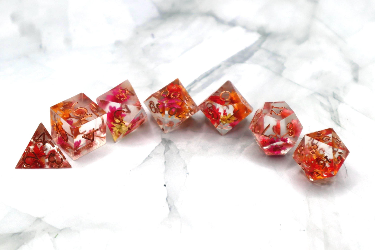 Red Orange and Yellow Floral Resin Dice Set – Handmade DnD Dice – Botanical RPG Dice – Colorful TTRPG Gift – Vibrant Polyhedral Dice