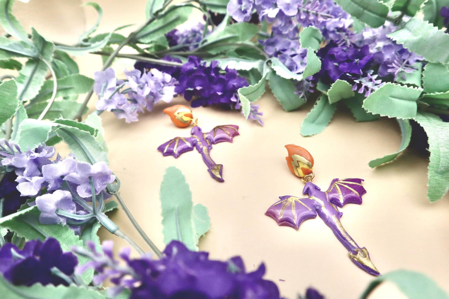 Fire Breathing Purple & Gold Dragon Dangle Earrings