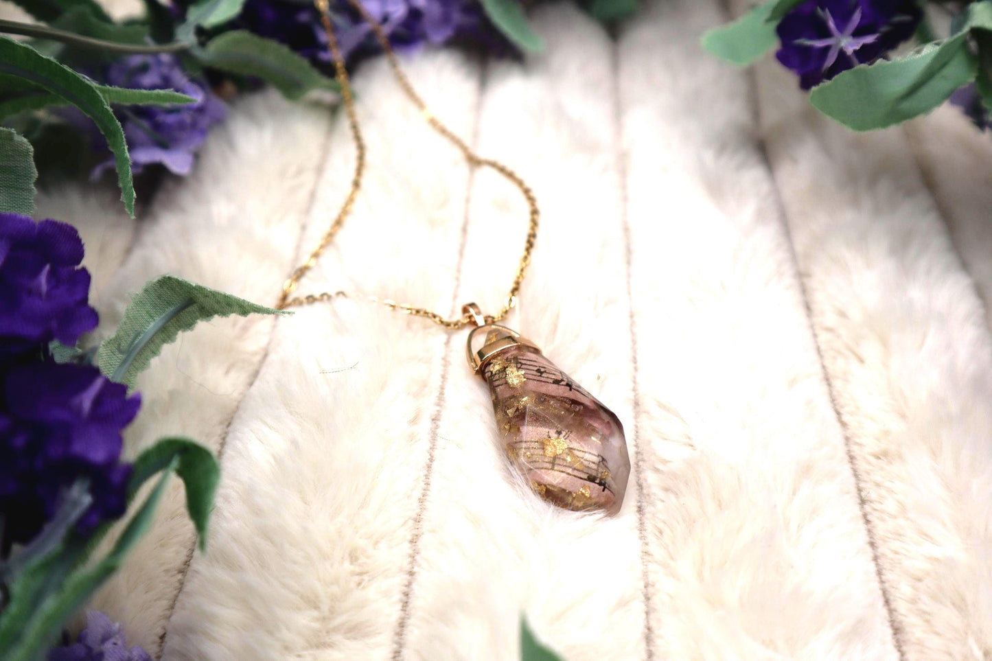 Gold and Clear Sheet Music Encased Faux Crystal Pendant Necklace | Gold Plated Chain