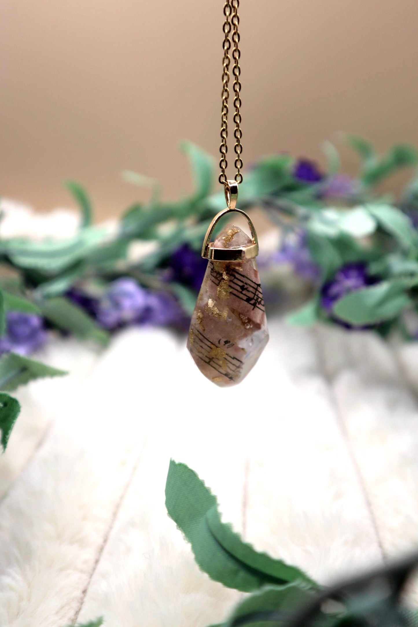 Gold and Clear Sheet Music Encased Faux Crystal Pendant Necklace | Gold Plated Chain