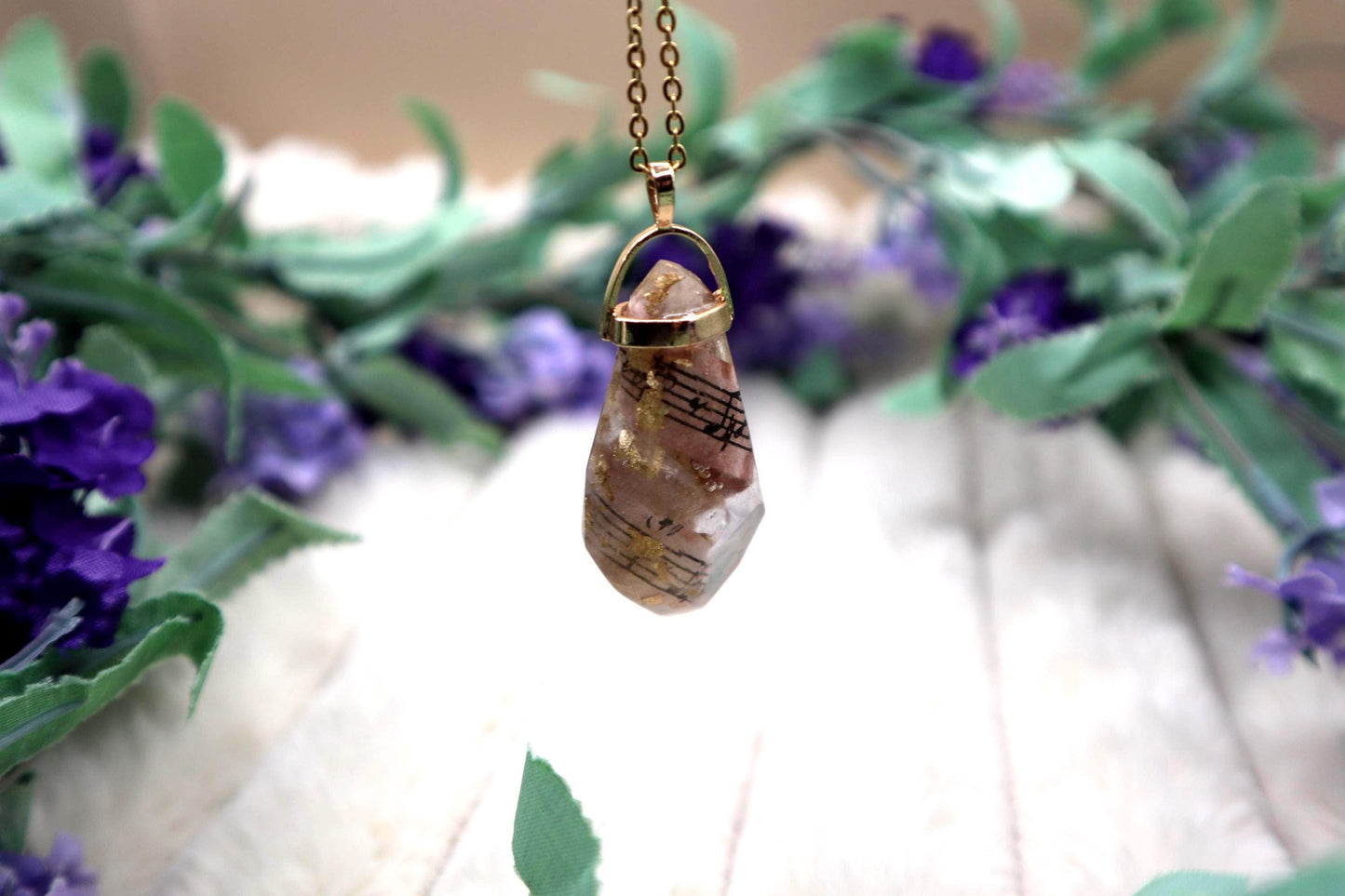 Gold and Clear Sheet Music Encased Faux Crystal Pendant Necklace | Gold Plated Chain