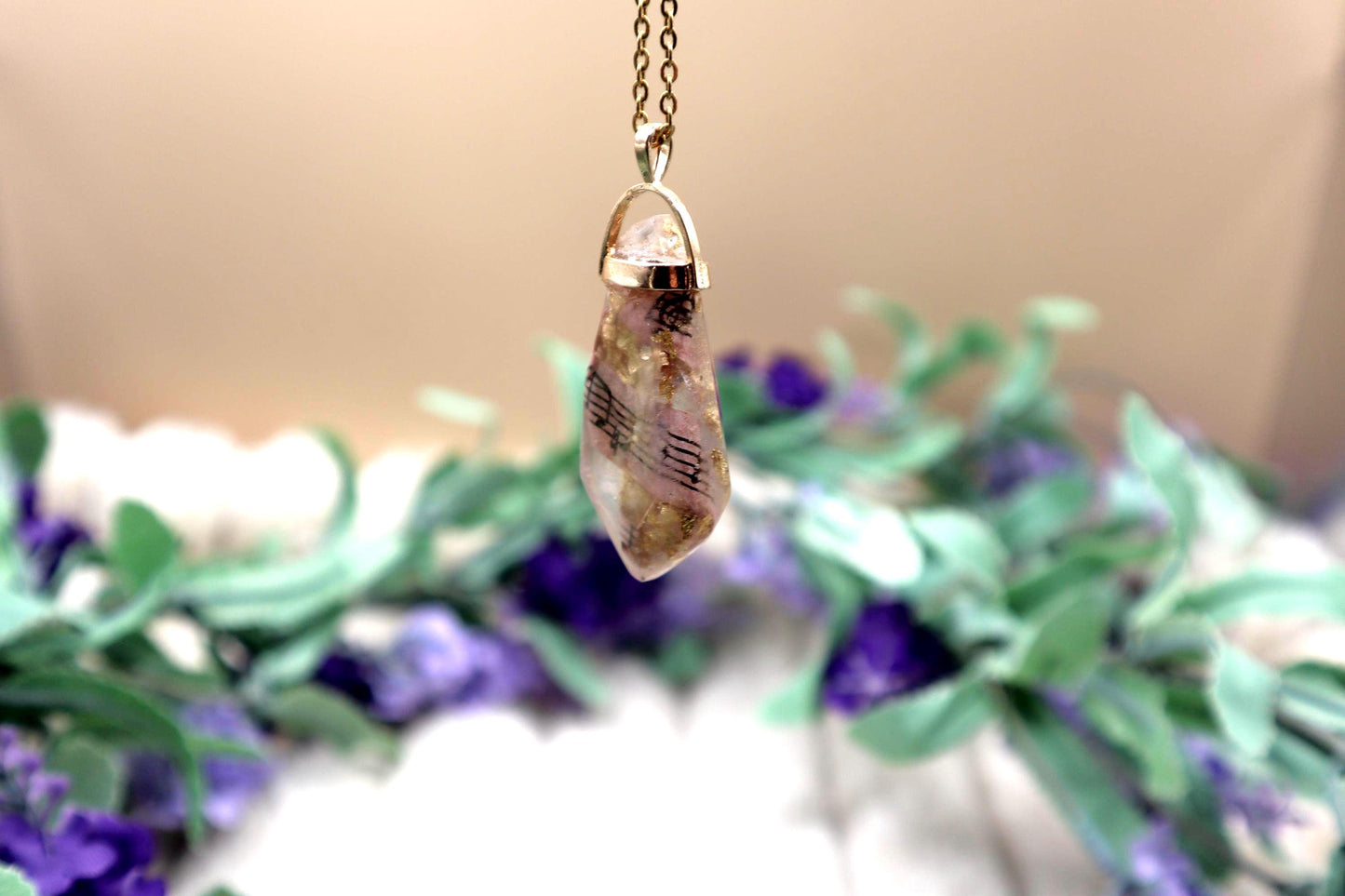 Gold and Clear Sheet Music Encased Faux Crystal Pendant Necklace | Gold Plated Chain