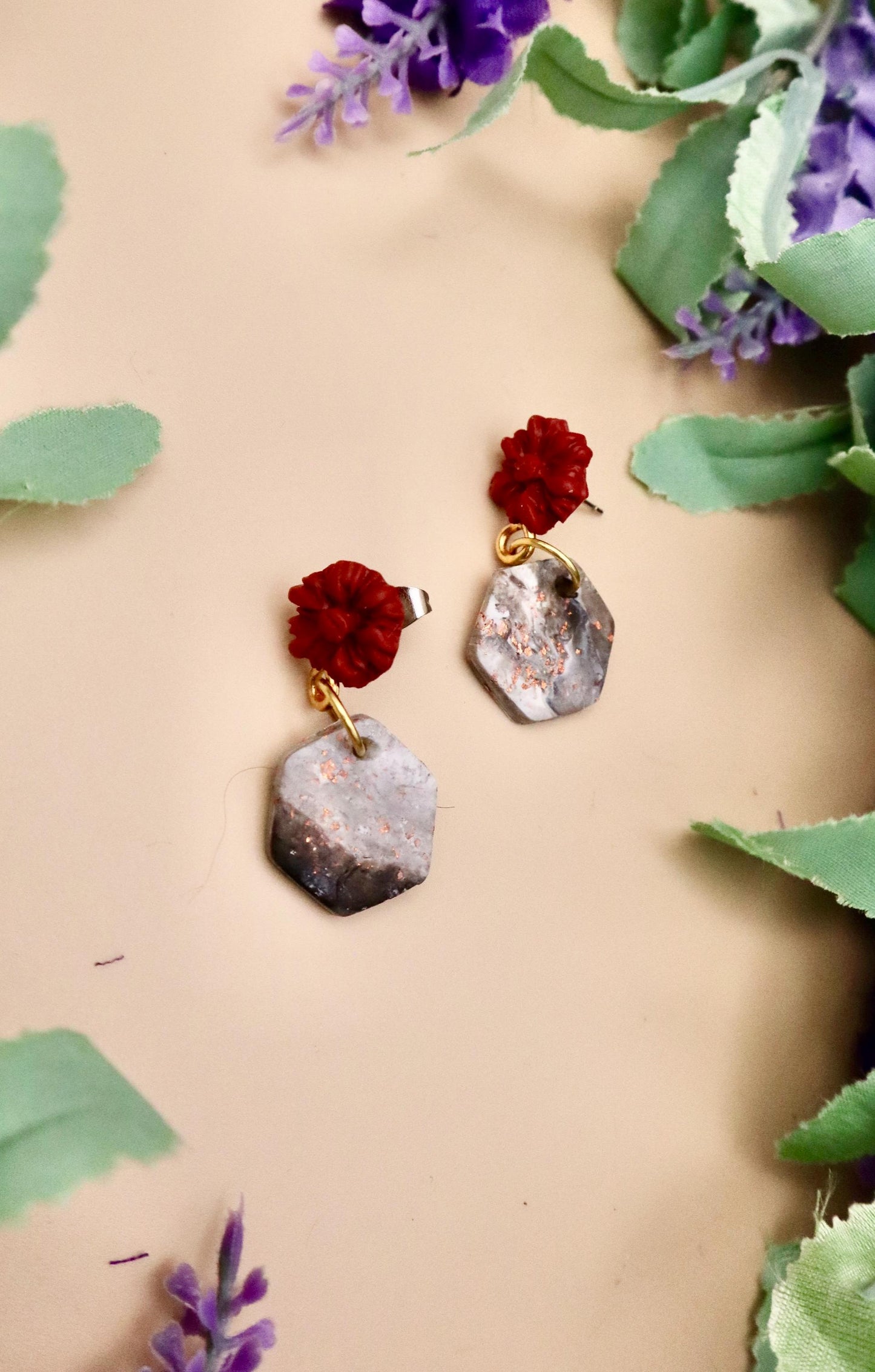 Red Rose and Rose Gold Marble Hexagon Dangle Earrings | Polymer Clay