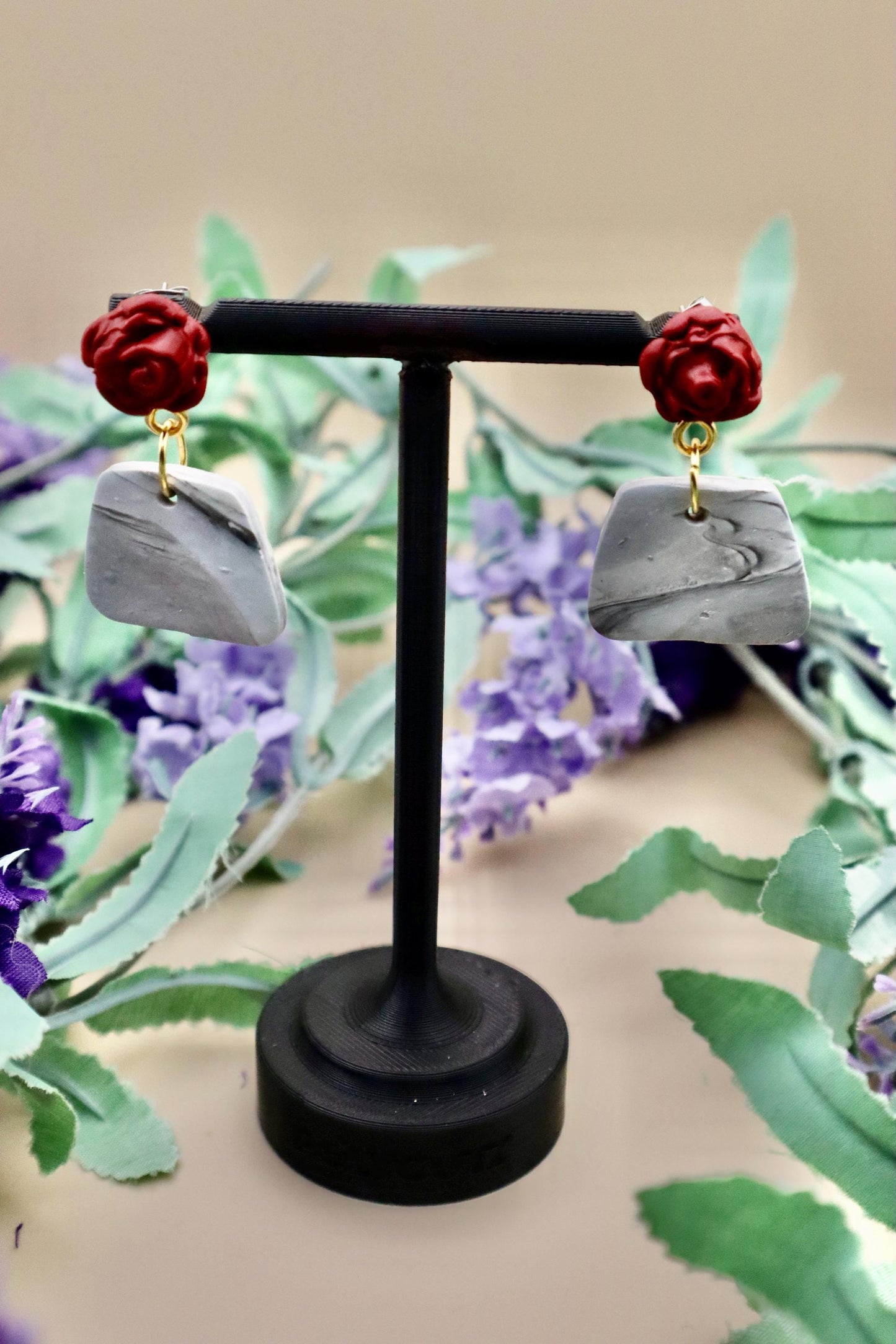 Red Rose and Marble Polygon Dangle Earrings | Polymer Clay