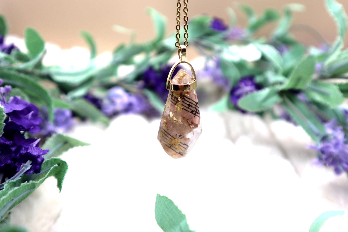 Gold and Clear Sheet Music Encased Faux Crystal Pendant Necklace | Gold Plated Chain