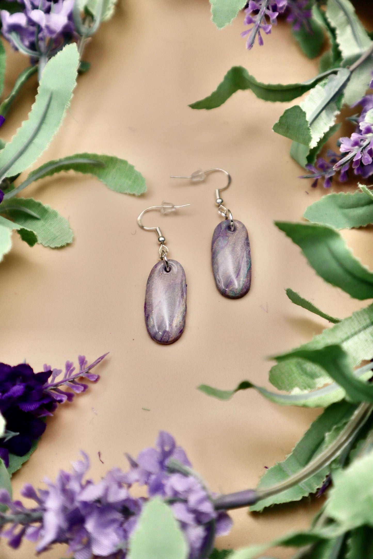Oval Lavender Marble Dangle Earrings