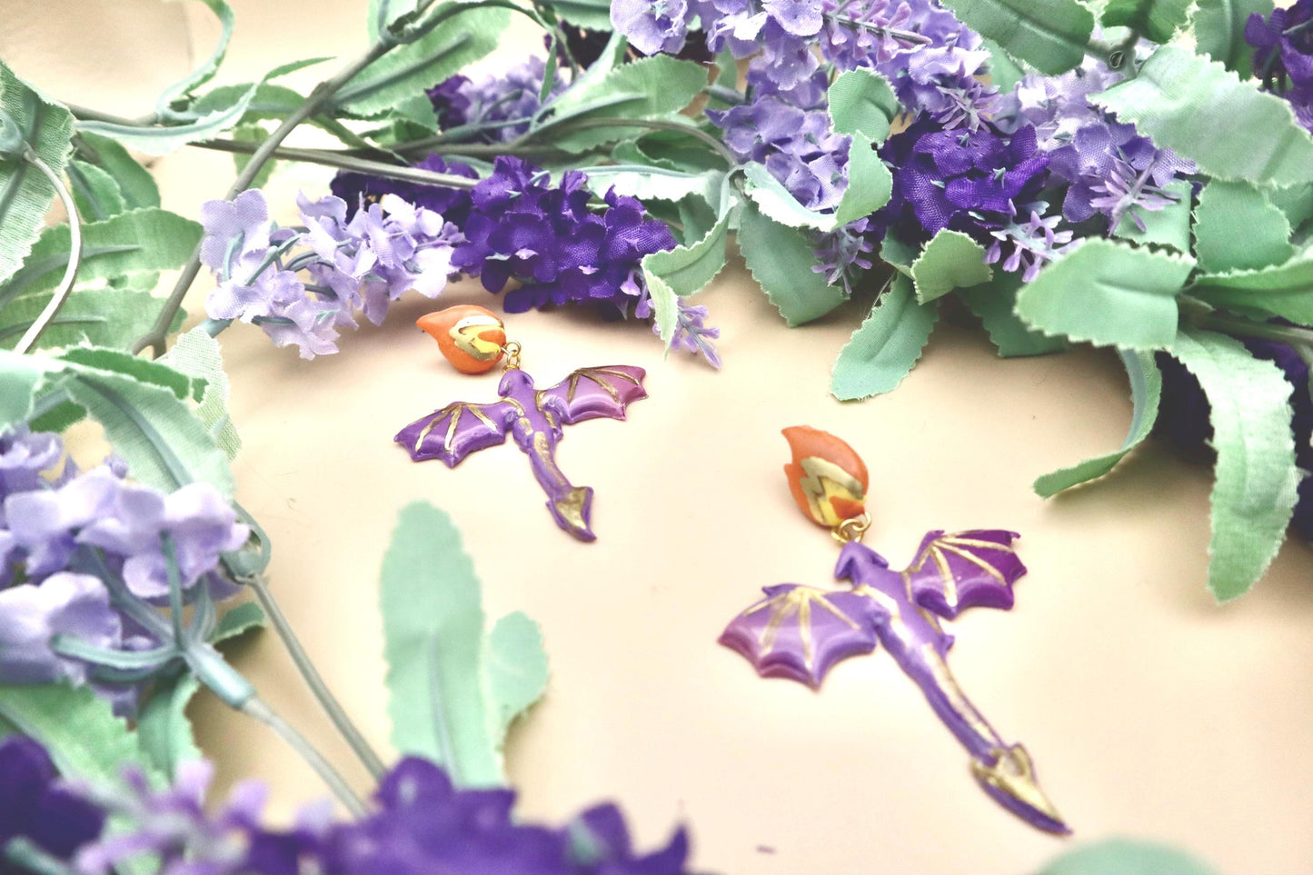 Fire Breathing Purple & Gold Dragon Dangle Earrings