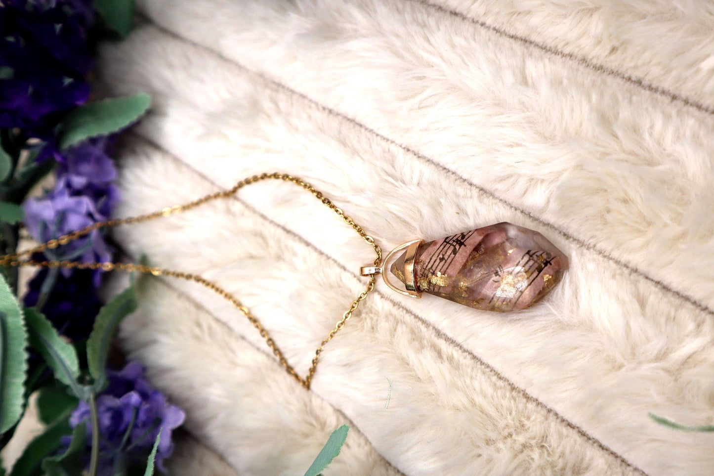 Gold and Clear Sheet Music Encased Faux Crystal Pendant Necklace | Gold Plated Chain