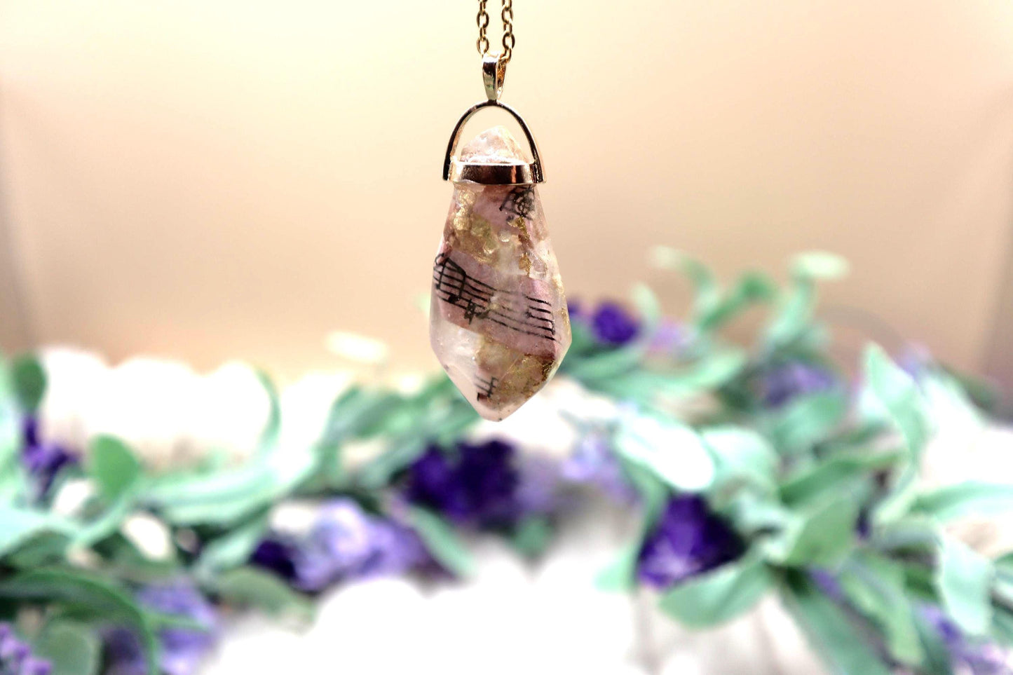 Gold and Clear Sheet Music Encased Faux Crystal Pendant Necklace | Gold Plated Chain