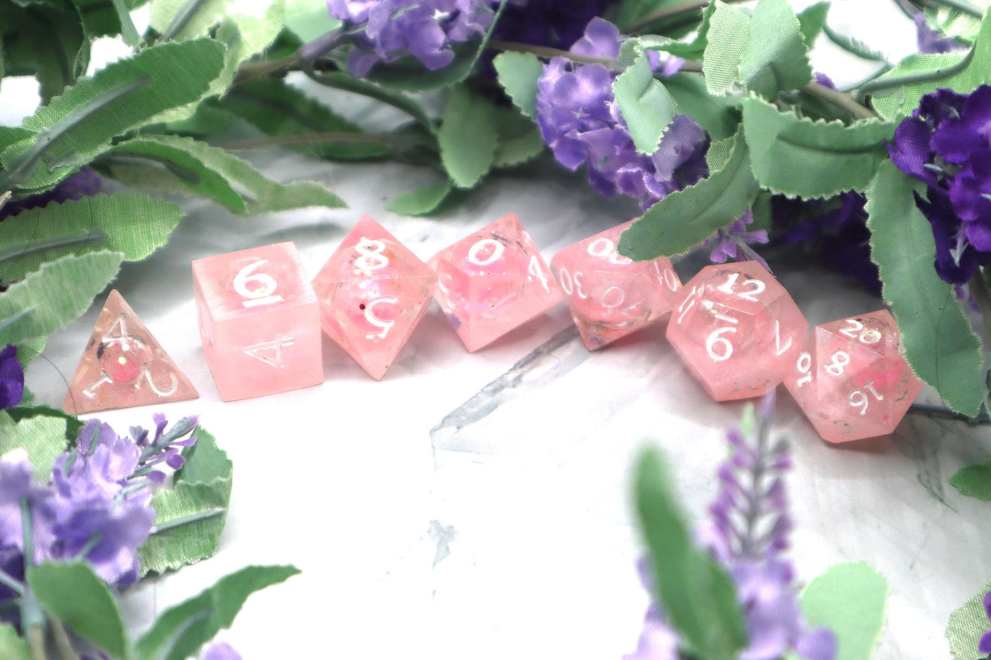 Pink & White Glitter Liquid Core Resin Dice Set – Handmade DnD Dice – Sparkly Tabletop Dice – RPG Gamer Gift – TTRPG Dice Set