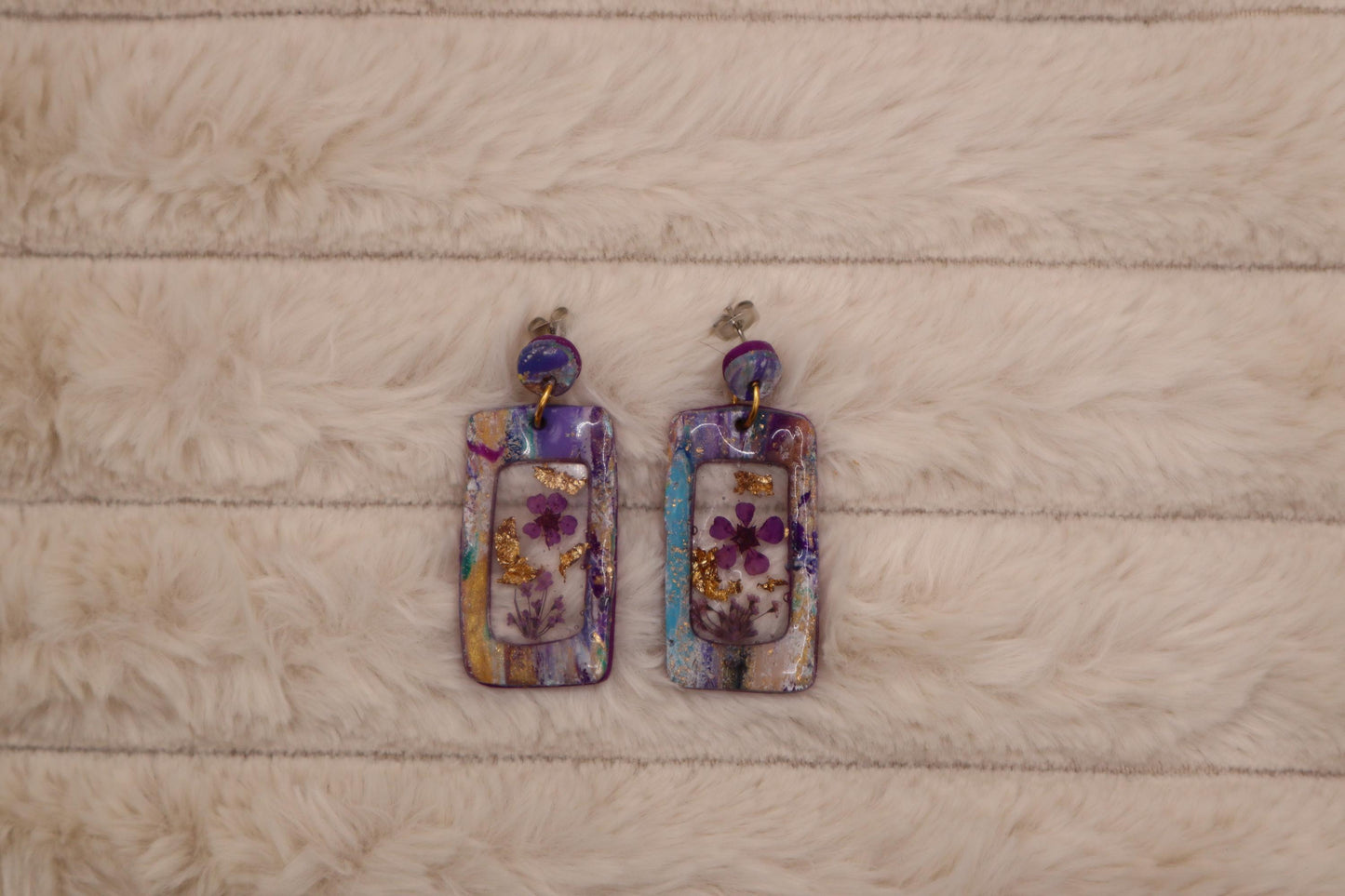 Rectangular Purple Marble Framed Flowers Dangle Earrings