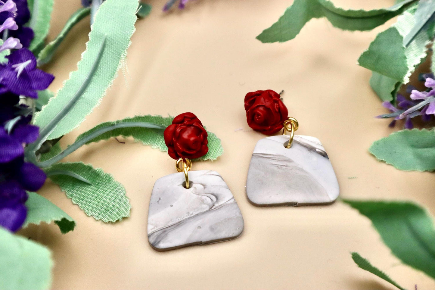 Red Rose and Marble Polygon Dangle Earrings | Polymer Clay
