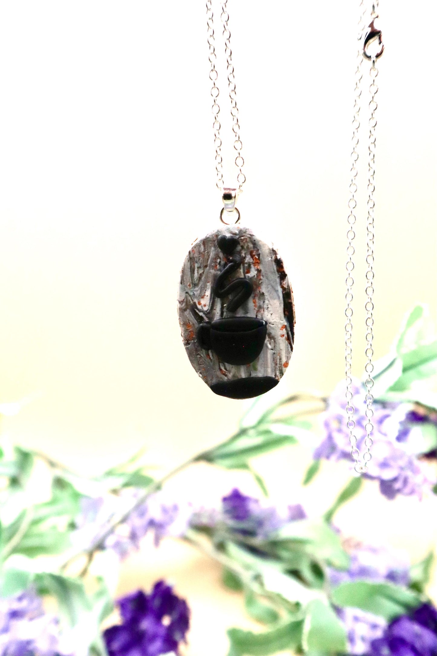 Black Coffee Love Sillouette Marble Pendant Necklace | Stirling Silver Plated Chain