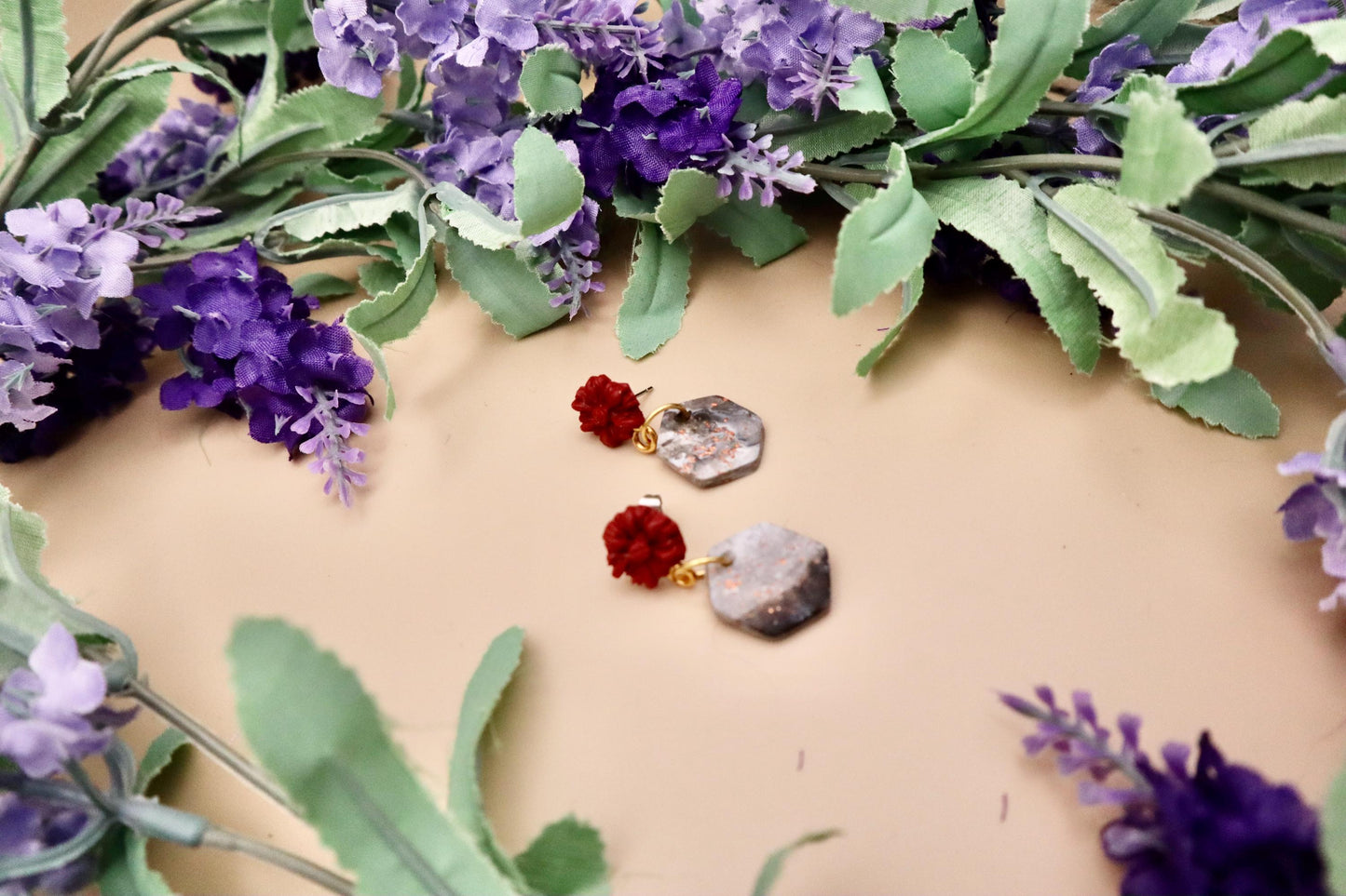 Red Rose and Rose Gold Marble Hexagon Dangle Earrings | Polymer Clay