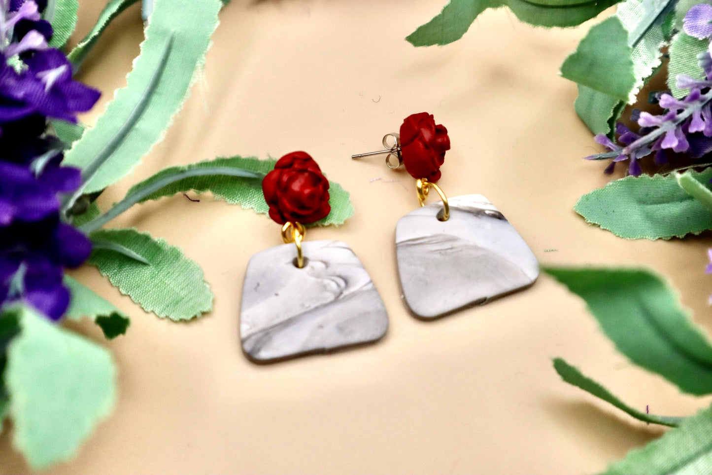 Red Rose and Marble Polygon Dangle Earrings | Polymer Clay