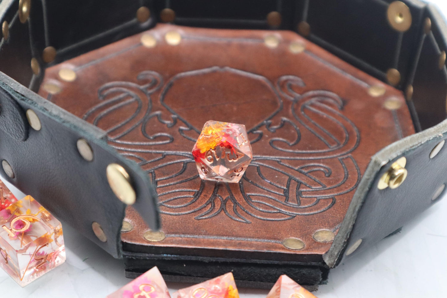Red Orange and Yellow Floral Resin Dice Set – Handmade DnD Dice – Botanical RPG Dice – Colorful TTRPG Gift – Vibrant Polyhedral Dice