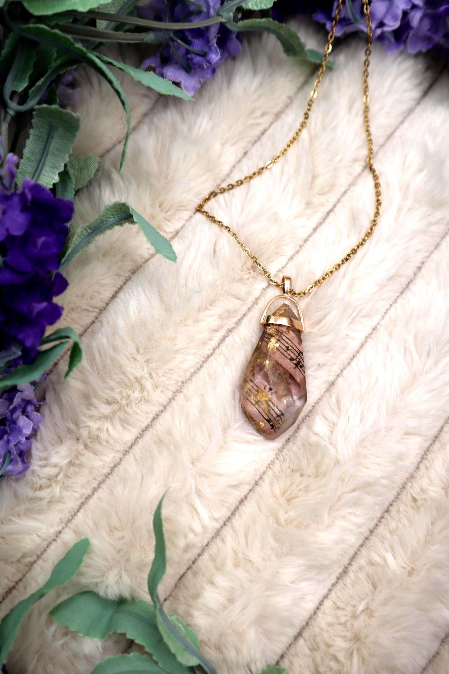 Gold and Clear Sheet Music Encased Faux Crystal Pendant Necklace | Gold Plated Chain
