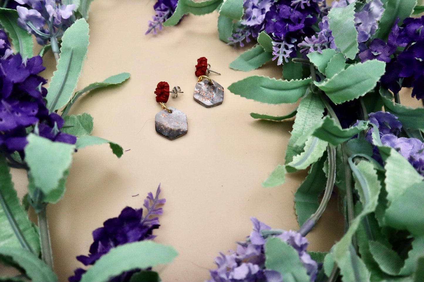 Red Rose and Rose Gold Marble Hexagon Dangle Earrings | Polymer Clay