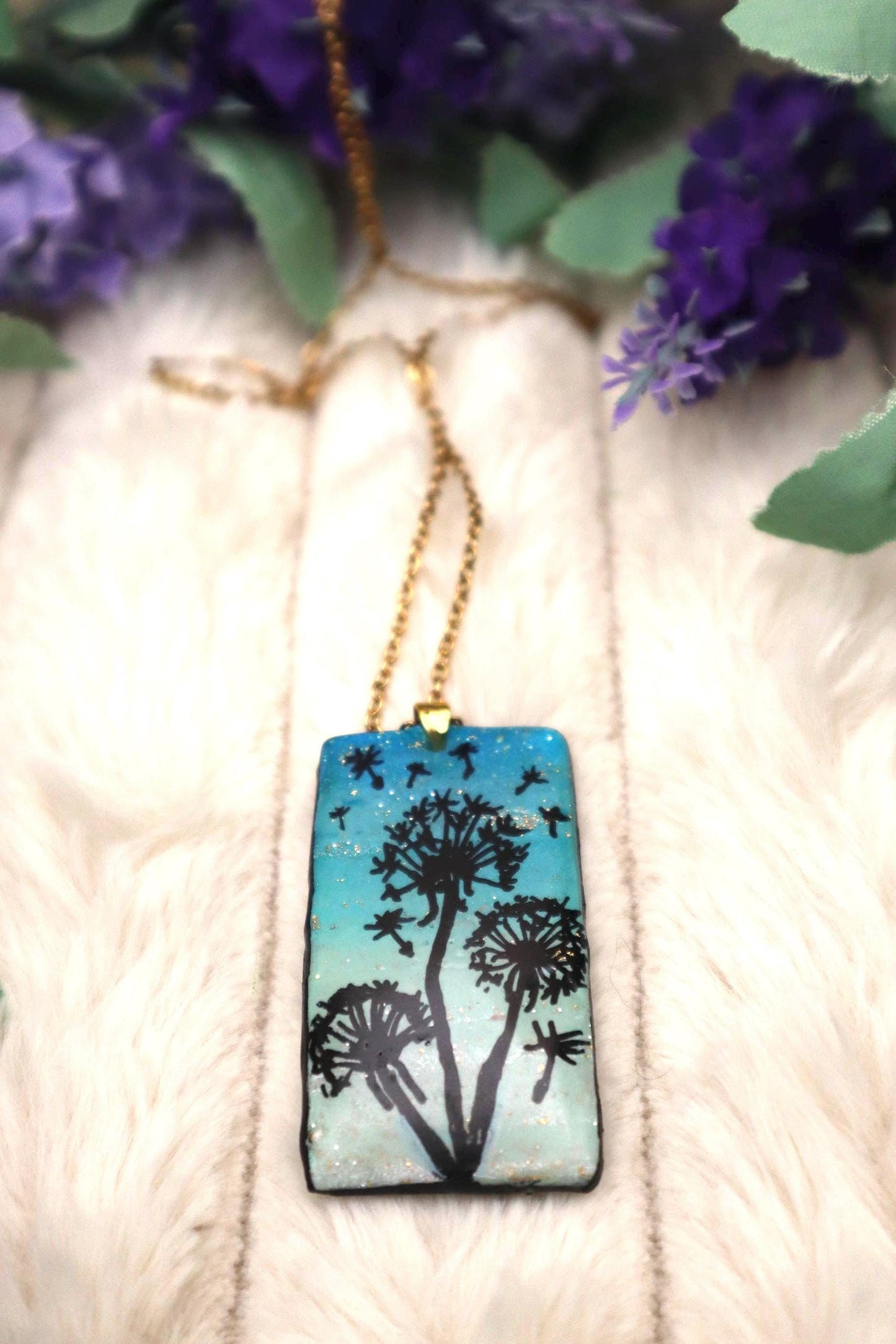 Handmade Handpainted Dandelion Pendant Necklace | Gold Plated Chain