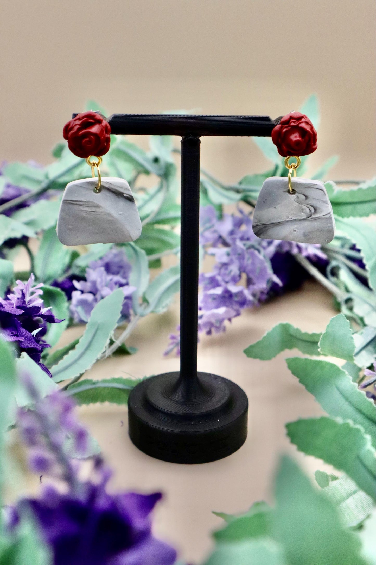 Red Rose and Marble Polygon Dangle Earrings | Polymer Clay