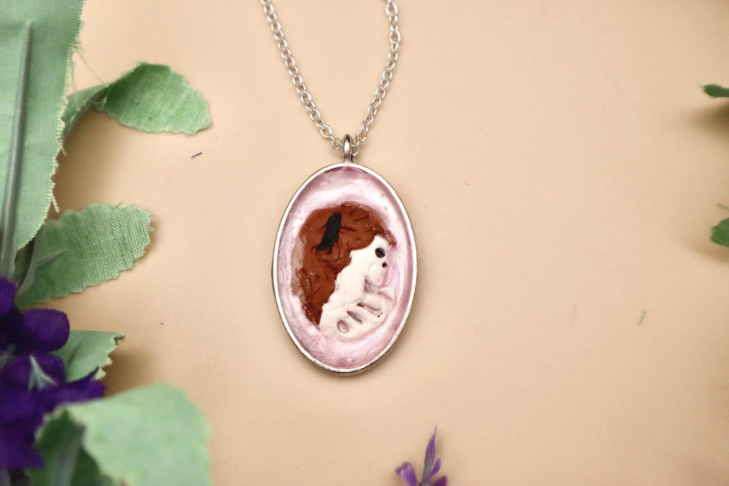 Pink Goth Antique Cameo Style Skeleton Pendant Necklace | Silver Plated Chain