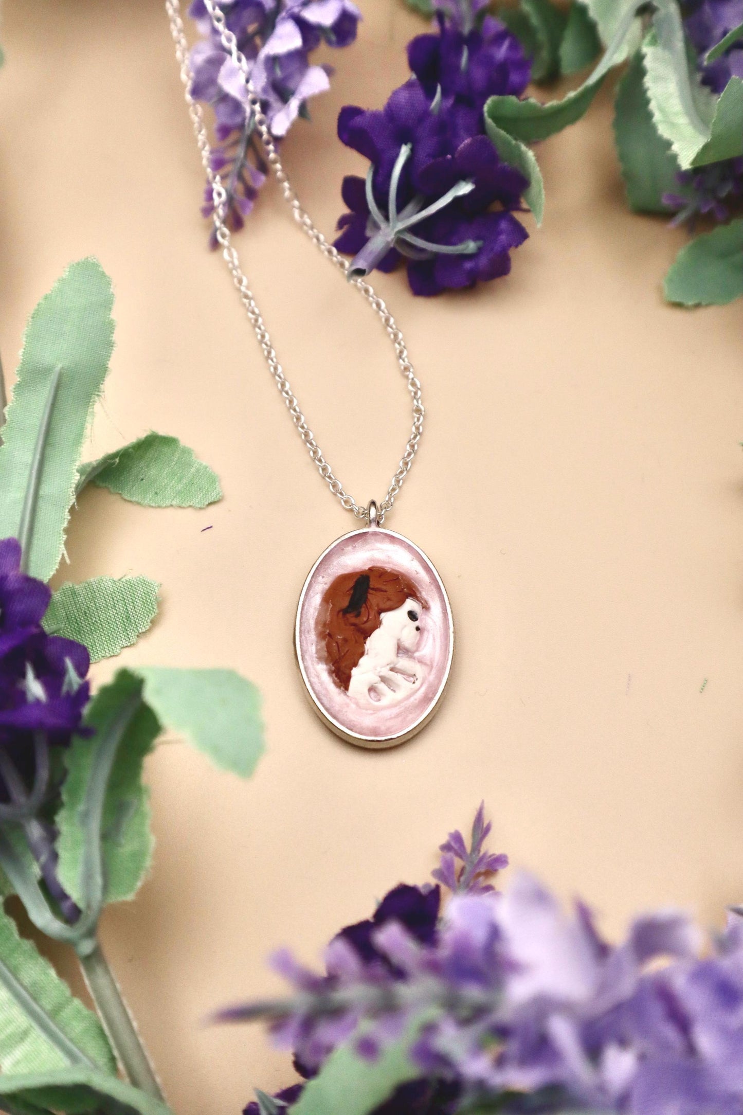 Pink Goth Antique Cameo Style Skeleton Pendant Necklace | Silver Plated Chain