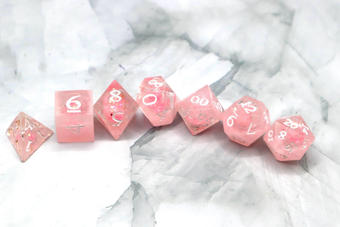 Pink & White Glitter Liquid Core Resin Dice Set – Handmade DnD Dice – Sparkly Tabletop Dice – RPG Gamer Gift – TTRPG Dice Set