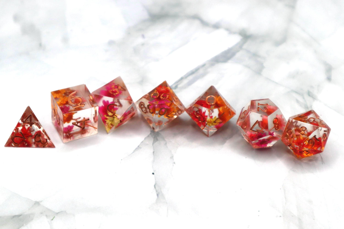 Red Orange and Yellow Floral Resin Dice Set – Handmade DnD Dice – Botanical RPG Dice – Colorful TTRPG Gift – Vibrant Polyhedral Dice