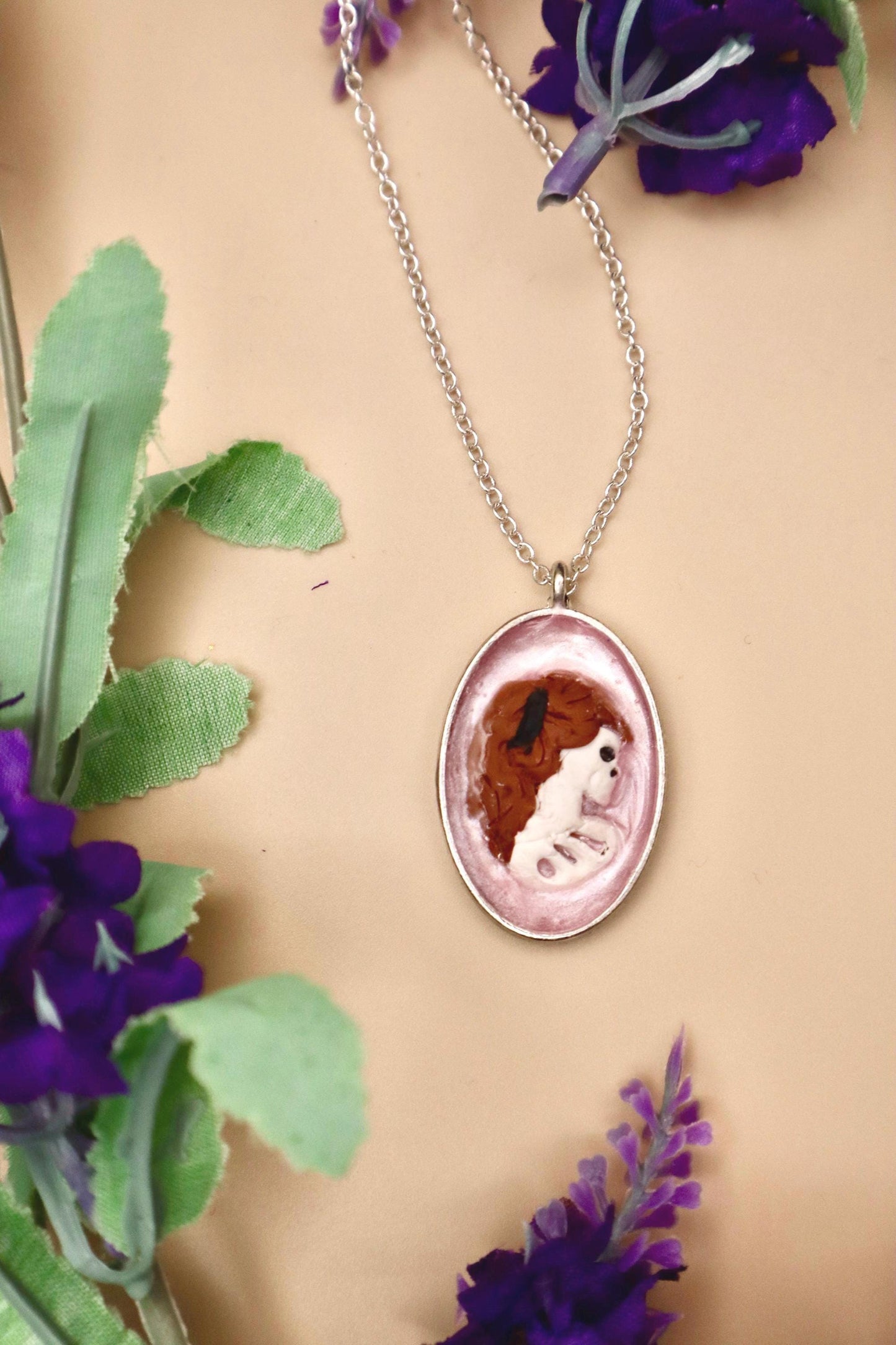Pink Goth Antique Cameo Style Skeleton Pendant Necklace | Silver Plated Chain