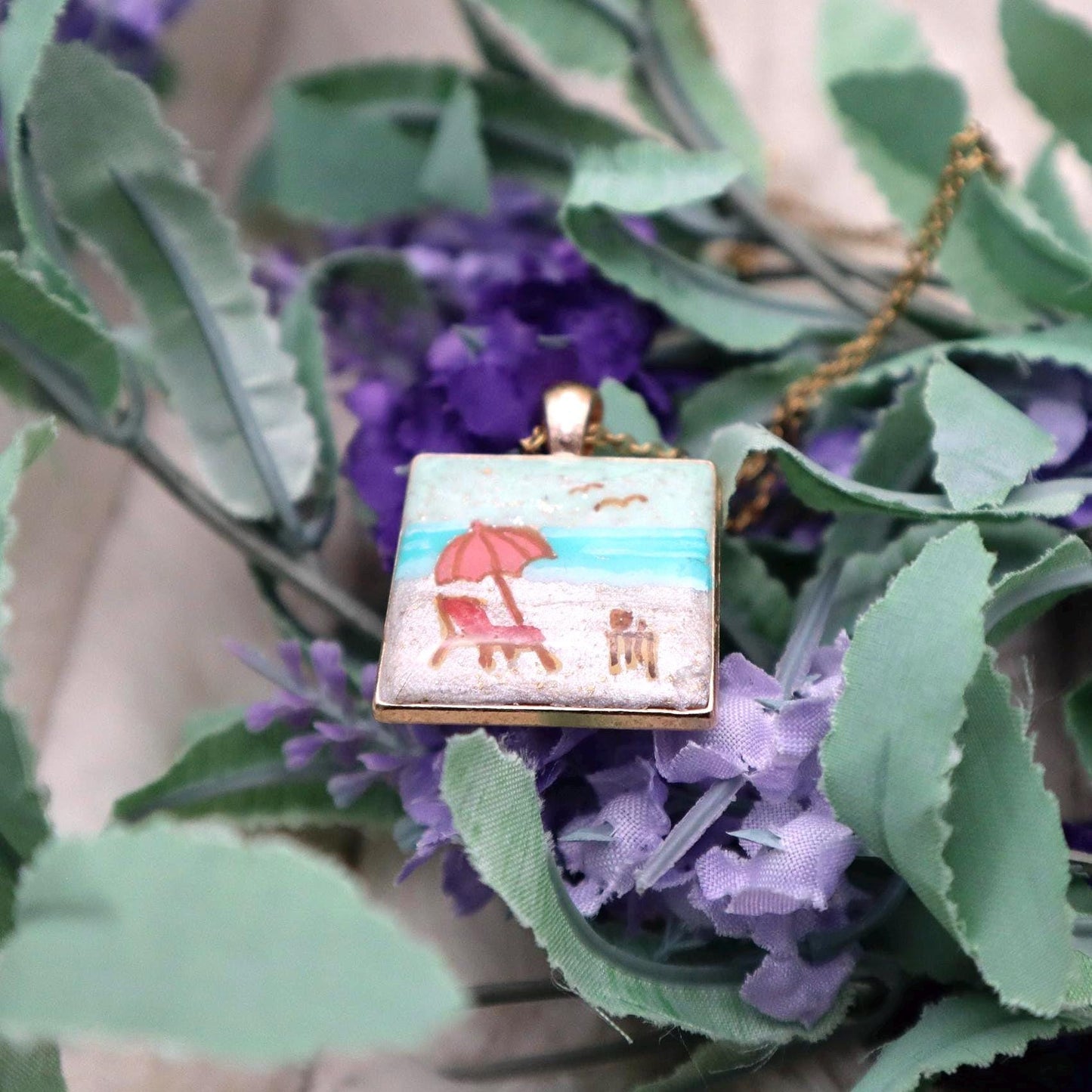 Beach Vacation Scene Gold Plated Pendant | Gold Plated Stainless Steel 24in Chain Necklace