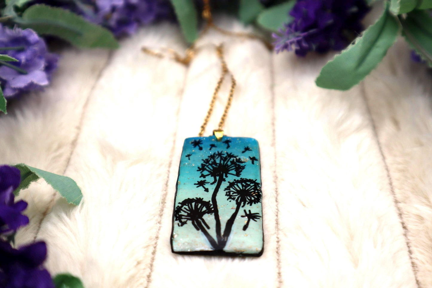 Handmade Handpainted Dandelion Pendant Necklace | Gold Plated Chain