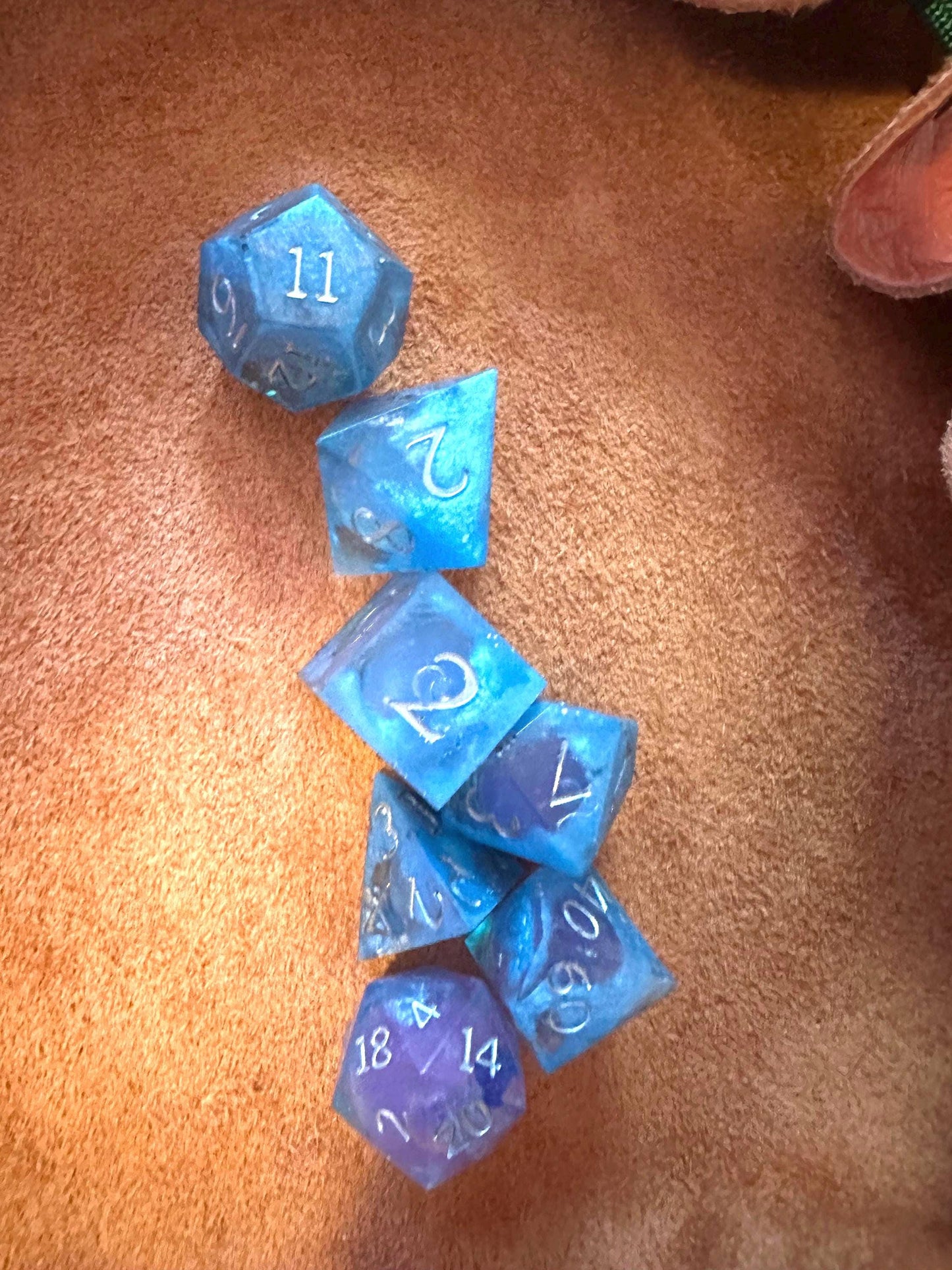Blue UV Reactive Liquid Core Dice Set: Sharp Edge Polyhedral DnD Dice