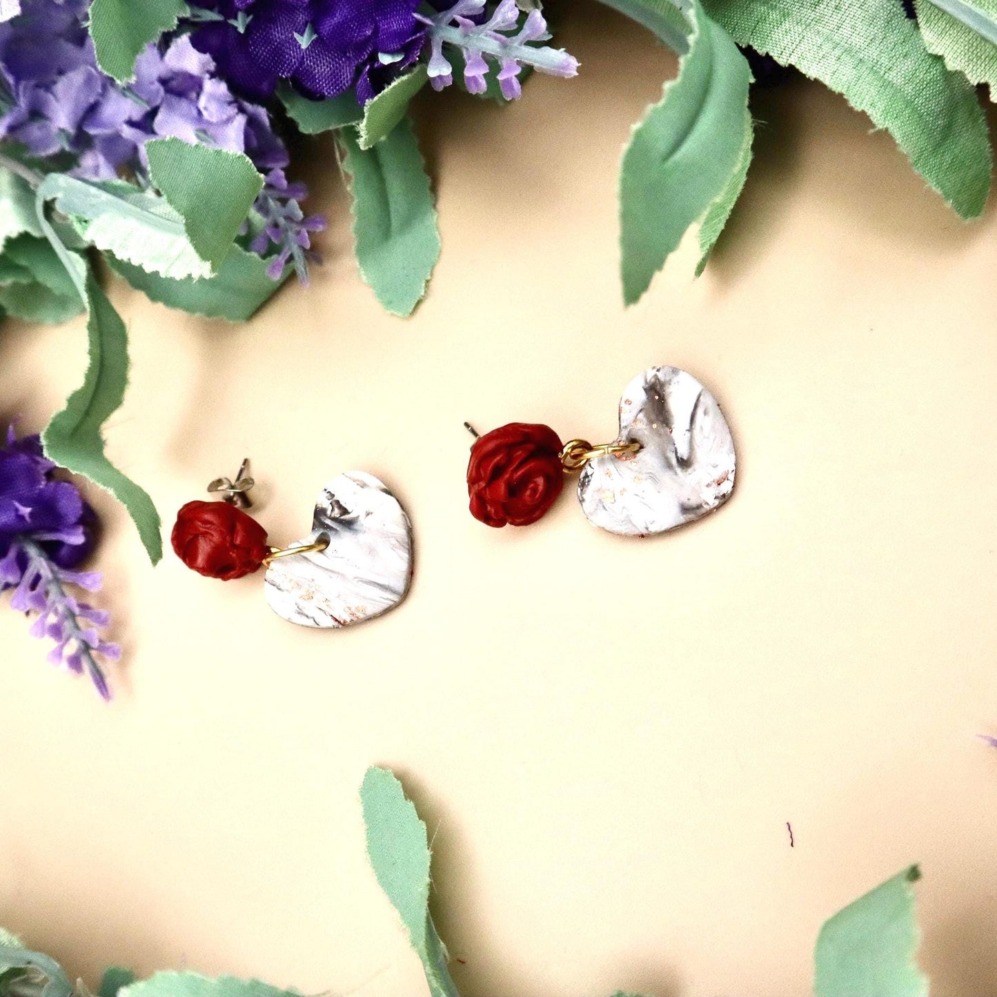 Red Rose and Rose Gold Marble Heart Dangle Earrings | Polymer Clay