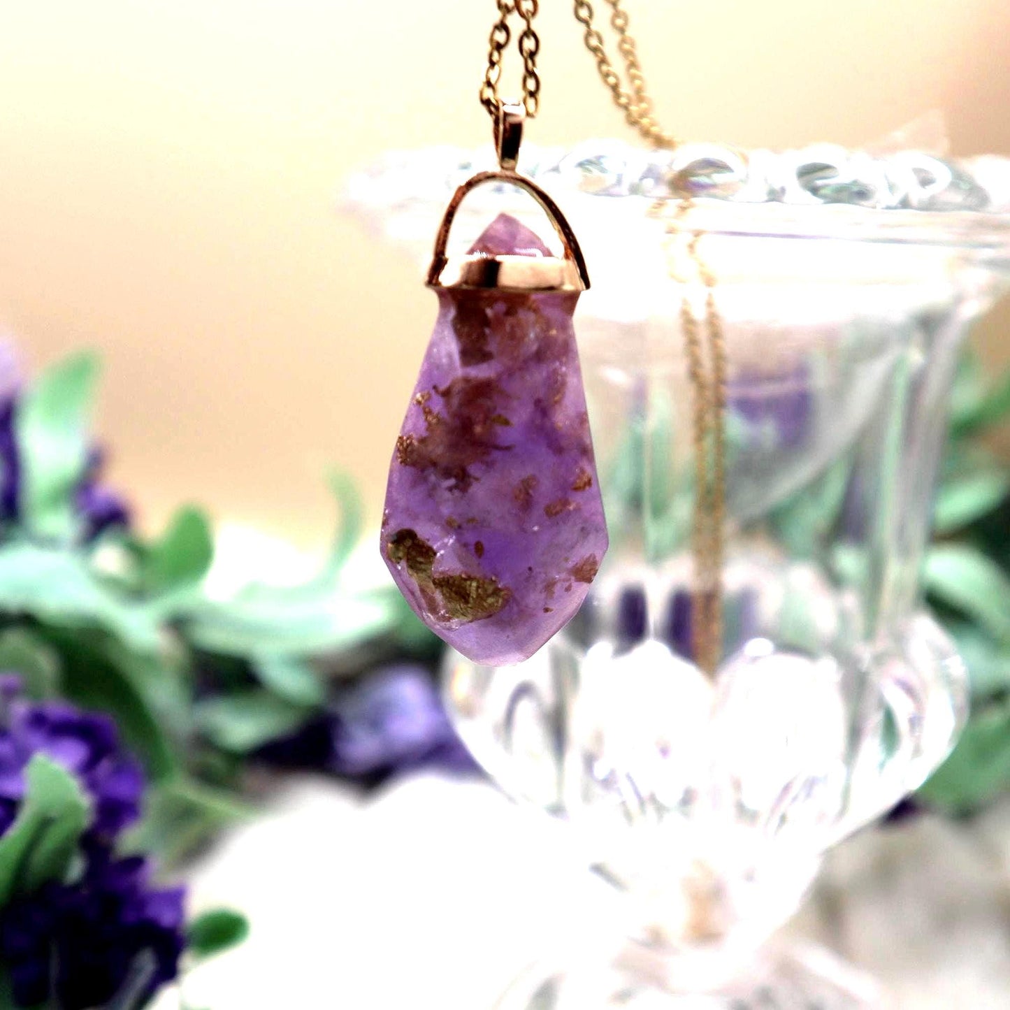 Purple and Gold Faux Crystal Pendant Necklace | Gold Plated Chain