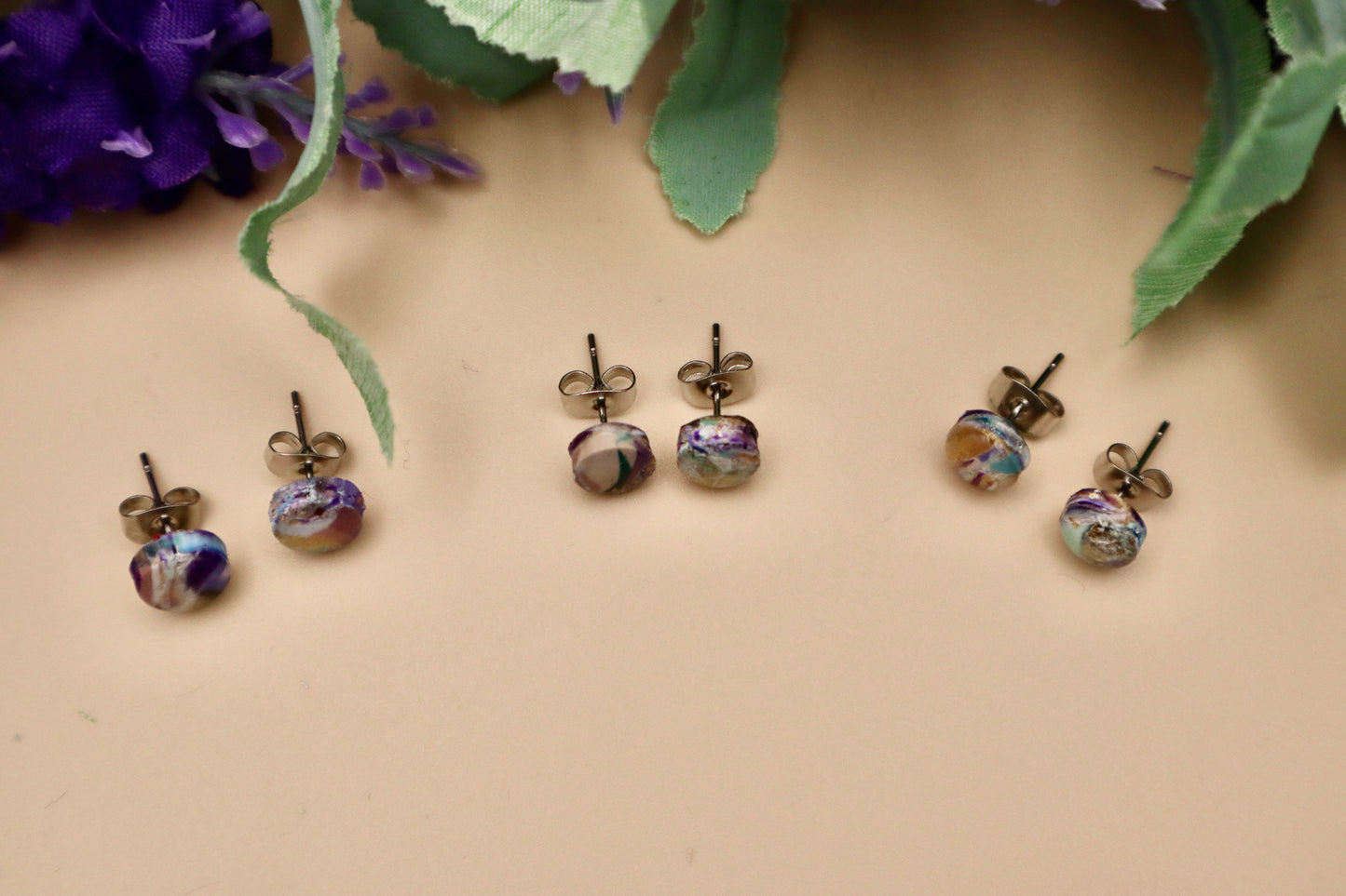 3 Pairs Multicolored Marble Stud Earrings