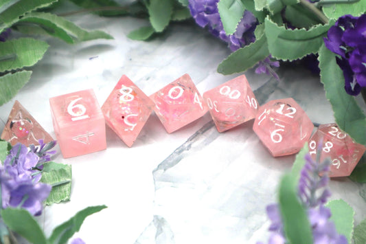 Pink & White Glitter Liquid Core Resin Dice Set – Handmade DnD Dice – Sparkly Tabletop Dice – RPG Gamer Gift – TTRPG Dice Set