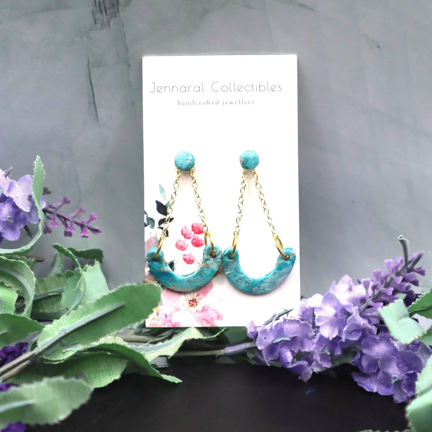 Gold & Turquoise Swinging Arch Dangle Earrings – Modern Polymer Clay Earrings – Statement Arch Earrings – Boho Gift for Her – Lightweight