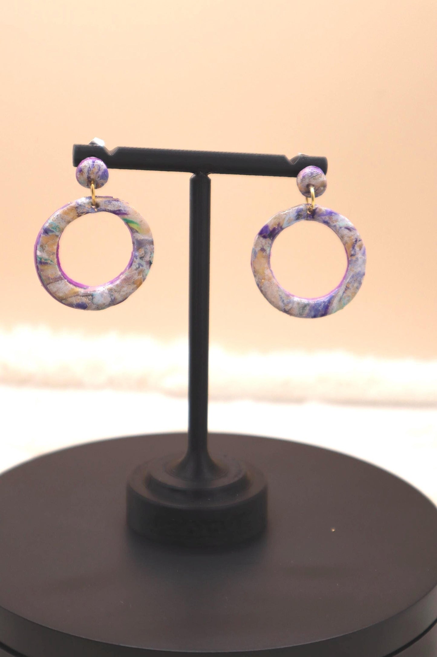 Circular Ring Purple Marble Dangle Earrings