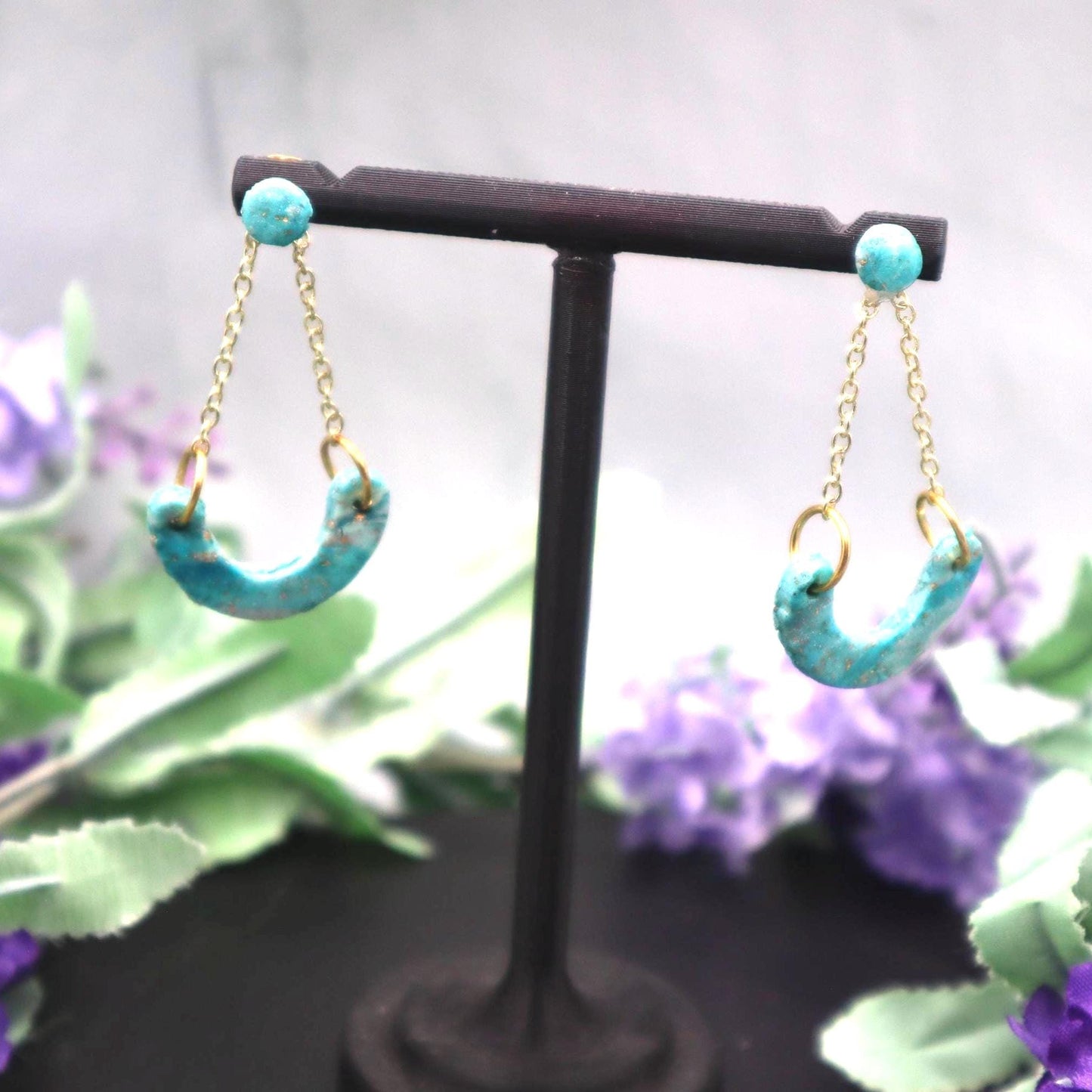 Gold & Turquoise Swinging Arch Dangle Earrings – Modern Polymer Clay Earrings – Statement Arch Earrings – Boho Gift for Her – Lightweight