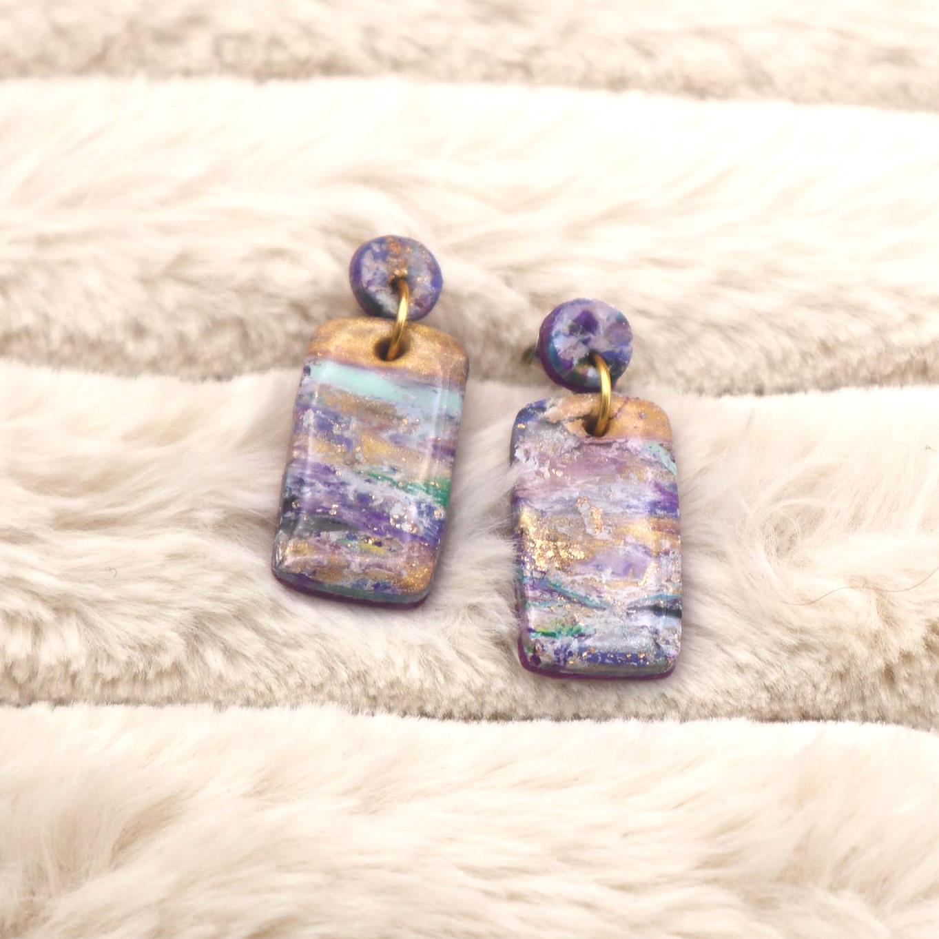 Rectangular Purple Marble Dangle Earrings