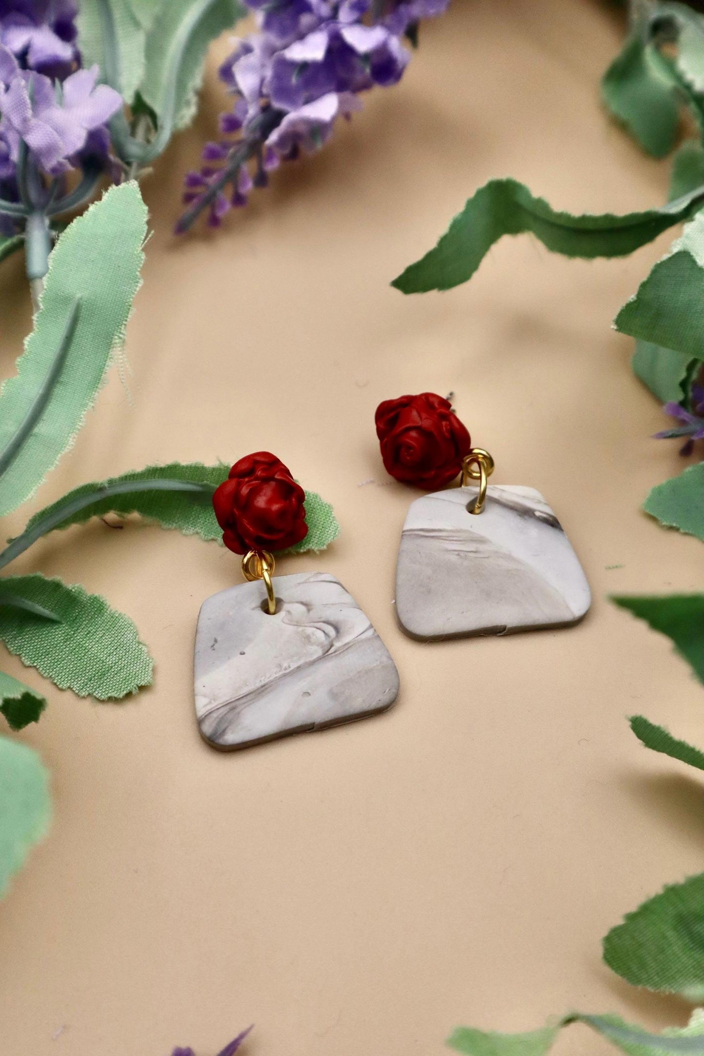 Red Rose and Marble Polygon Dangle Earrings | Polymer Clay