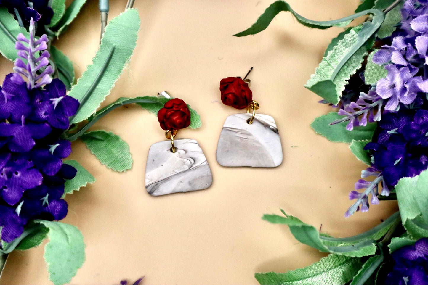 Red Rose and Marble Polygon Dangle Earrings | Polymer Clay