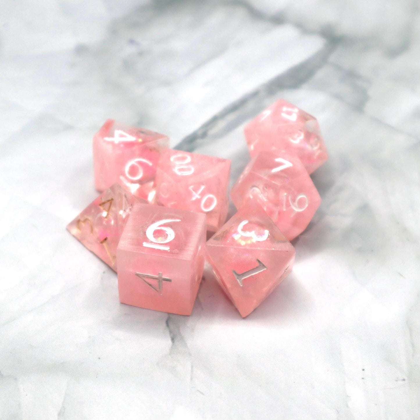 Pink & White Glitter Liquid Core Resin Dice Set – Handmade DnD Dice – Sparkly Tabletop Dice – RPG Gamer Gift – TTRPG Dice Set